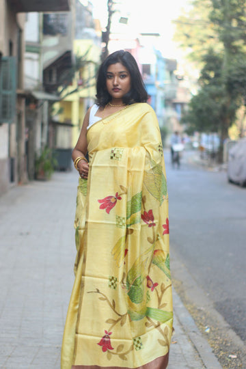 Yellow Hand Painted Silk Saree